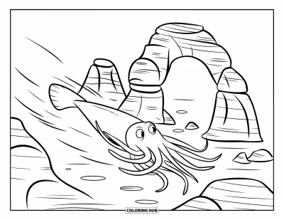 Coloriage d'océan pour enfants : Un calmar rond glisse rapidement près d'arches rocheuses, avec de fines lignes qui montrent sa vitesse
