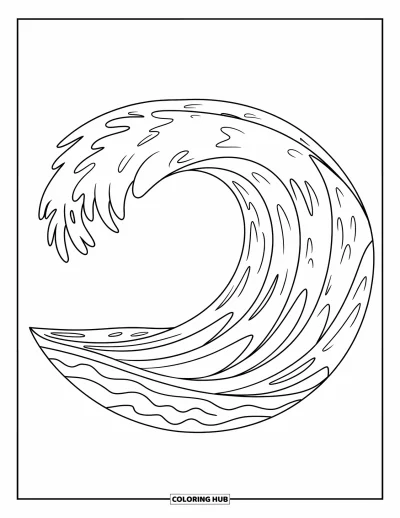 Coloriage d'océan pour enfants : Une vague arrondie se replie au-dessus du sable avec de petites lignes à l'intérieur