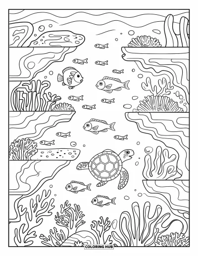 Coloriage d'océan pour enfants : Une tortue de mer glisse à travers des récifs coralliens remplis de vie marine et de vagues douces en arrière-plan