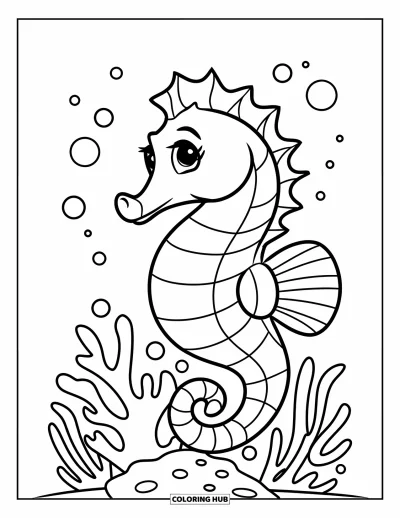 Coloriage d'océan pour enfants : Un hippocampe au corps rond est posé sur du corail tandis que de minuscules bulles montent autour