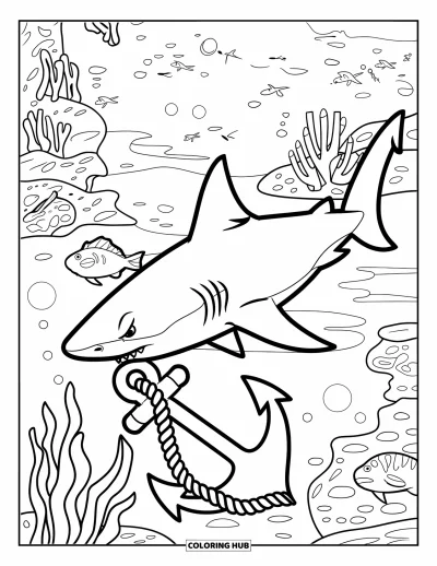 Coloriage d'océan pour enfants : Un requin passe près d'un récif corallien, d'algues et d'une ancre coulée au fond de l'océan