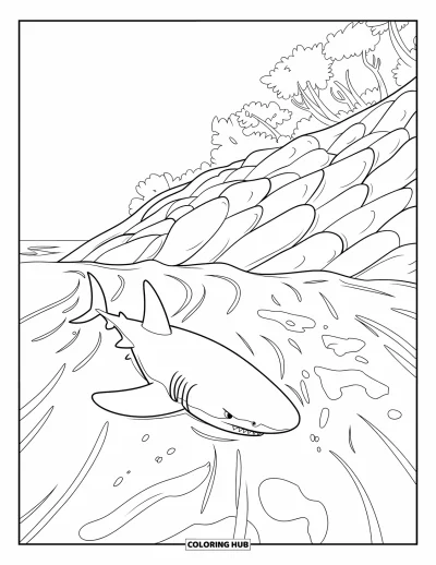 Coloriage d'océan pour enfants : Un requin nage près d'une pente rocheuse sous un ciel clair avec des arbres à l'arrière-plan