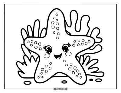 Coloriage d'océan pour enfants : Une étoile de mer pointillée repose près de corail et de plantes sous-marines délicates