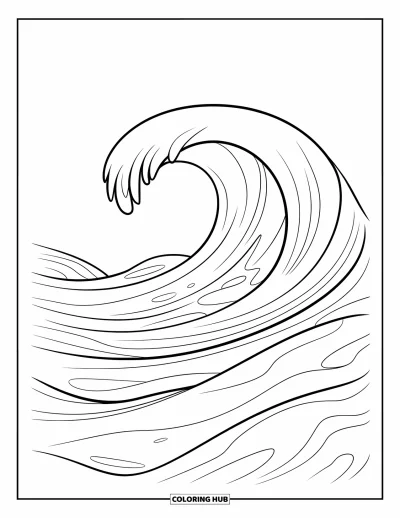 Coloriage d'océan pour enfants : Une seule vague océanique se replie doucement au-dessus d'un fond sablonneux lisse