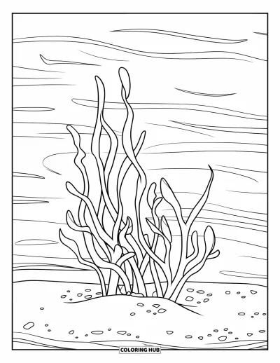 Coloriage d'océan pour enfants : Une petite touffe d'algues pousse dans le sable sous des vagues océaniques calmes