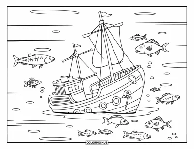Coloriage d'océan pour enfants : Une petite épave repose sous les vagues pendant que des poissons de toutes tailles nagent autour