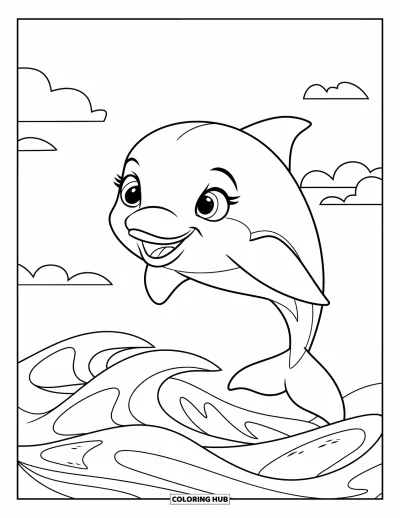Coloriage d'océan pour enfants : Un dauphin souriant bondit au-dessus de vagues lisses sous un ciel de nuages doux