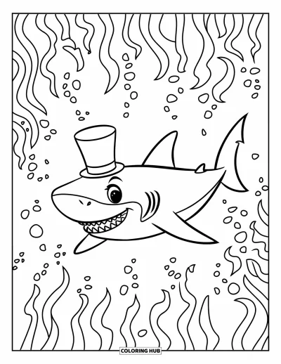 Coloriage d'océan pour enfants : Un requin souriant avec un haut-de-forme nage parmi des plantes marines torsadées dans une eau calme