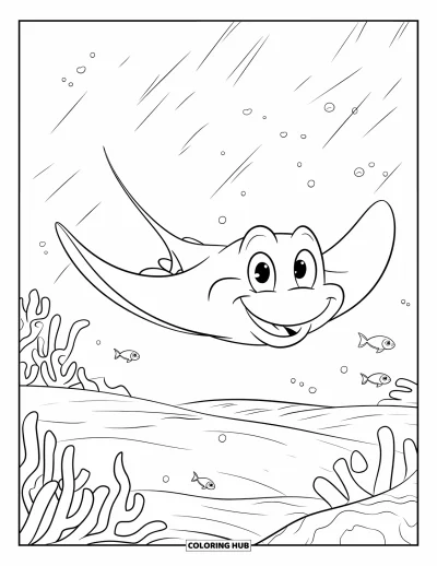 Coloriage d'océan pour enfants : Une raie souriante glisse doucement au-dessus du sable et du corail dans une lumière sous-marine douce