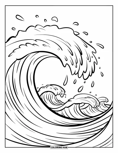 Coloriage d'océan pour enfants : Une vague souriante portant un chapeau éclabousse avec des gouttelettes dans une mer ondulée