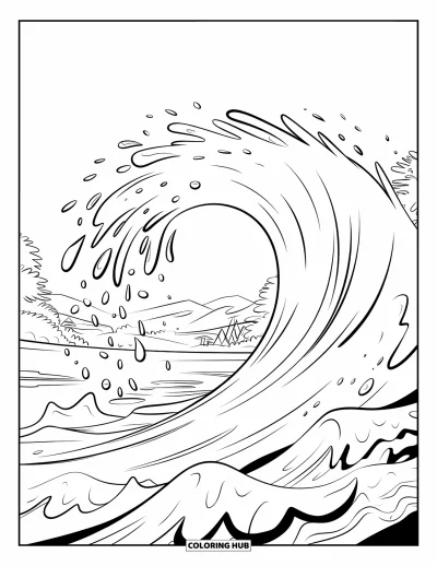 Coloriage d'océan pour enfants : Une vague lisse se brise près de rochers, avec des gouttelettes qui volent dans l'air