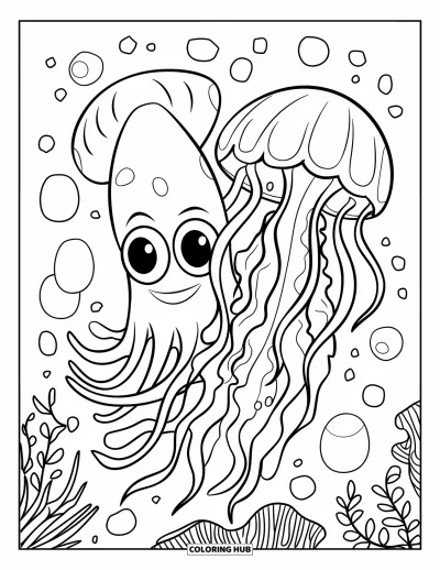 Coloriage d'océan pour enfants : Un calmar enlace une méduse pendant que des bulles lumineuses flottent autour d'eux dans une eau profonde et sombre