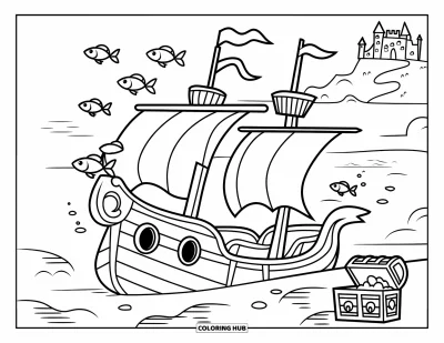 Coloriage d'océan pour enfants : Un navire coulé repose sous l'eau pendant que des poissons nagent à proximité et qu'un coffre au trésor est posé sur la rive