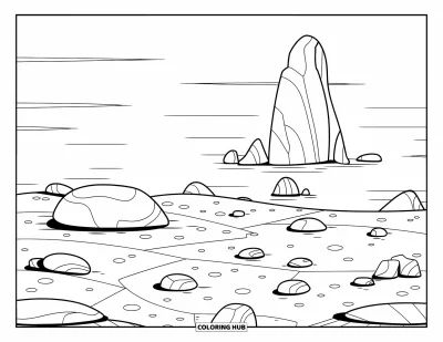 Coloriage d'océan pour enfants : Un grand rocher se dresse parmi des pierres lisses dans une scène océanique calme