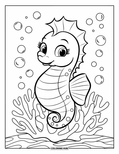 Coloriage d'océan pour enfants : Un tout petit hippocampe est posé sur du corail, entouré de petites bulles dans une eau calme