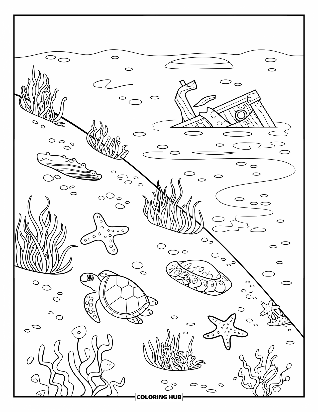 Desen de colorat cu ocean pentru copii: O broască țestoasă, un crab și o stea de mare se odihnesc în iarba de mare lângă o navă scufundată pe fundul oceanului