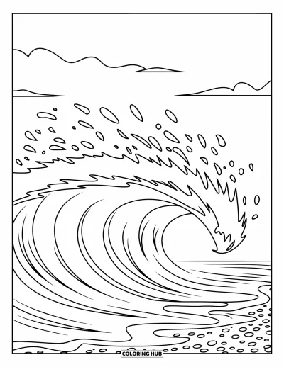 Coloriage d'océan pour enfants : Une vague se brise sur des galets tandis que l'écume monte et que des nuages glissent dans le ciel