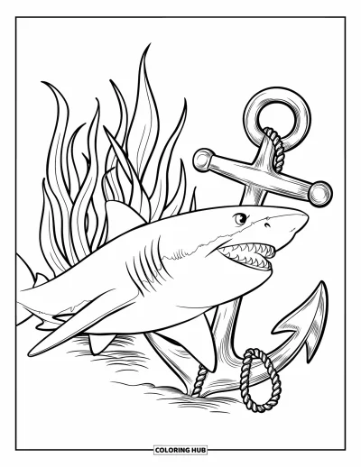 Coloriage d'océan pour enfants : Un requin à large gueule passe près d'une ancre et d'algues dans une eau océanique tranquille