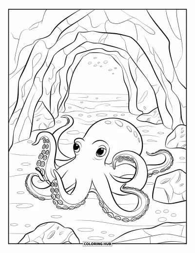 Coloriage d'océan pour enfants : Un poulpe aux longs bras se repose dans une grotte rocheuse sous une arche discrète