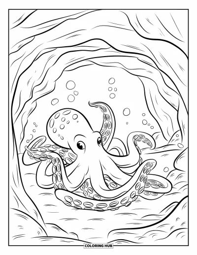 Coloriage d'océan pour enfants : Un poulpe s'enroule autour d'un rocher dans une grotte avec des bulles et de douces ombres
