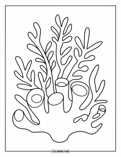 Coloriage d'océan pour enfants : De solides branches de corail se courbent doucement avec quelques feuilles qui poussent
