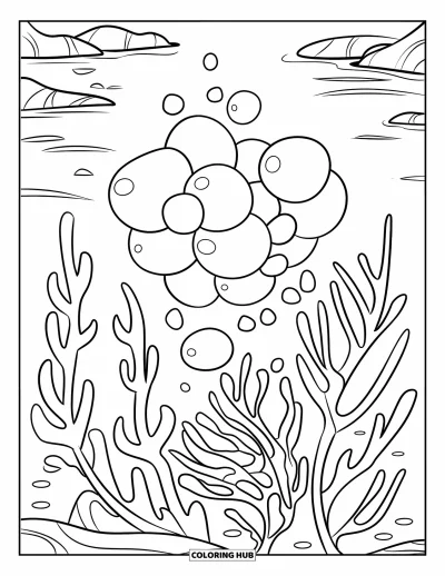 Coloriage d'océan pour enfants : Des bulles passent près des plantes marines dans une mer calme avec des rochers doux