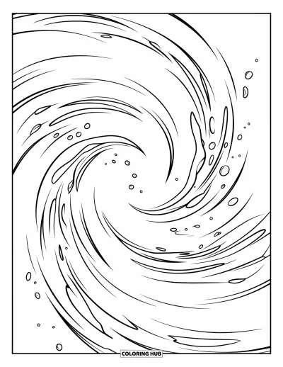 Coloriage d'océan pour enfants : Des courants circulaires tourbillonnent doucement pendant que des bulles dérivent dans une eau calme