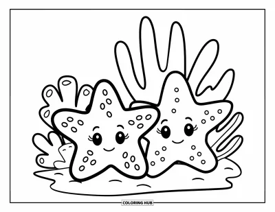 Coloriage d'océan pour enfants : De jolies étoiles de mer à petits points se reposent près de corail et de plantes marines ondulantes