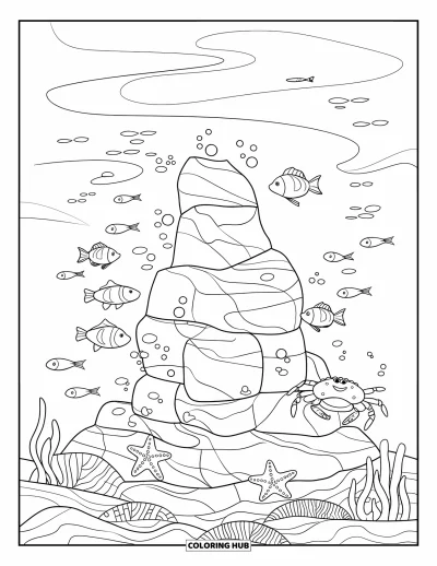 Coloriage d'océan pour enfants : Des poissons et des créatures marines dérivent calmement près de rochers sous-marins dans une eau fluide