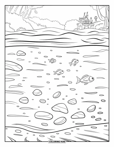 Coloriage d'océan pour enfants : Des poissons nagent au-dessus d'un fond sableux avec des galets, près d'un château lointain et d'arbres