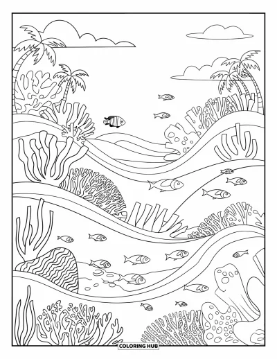 Coloriage d'océan pour enfants : Des poissons nagent dans des récifs coralliens sous des nuages et des palmiers par une journée paisible
