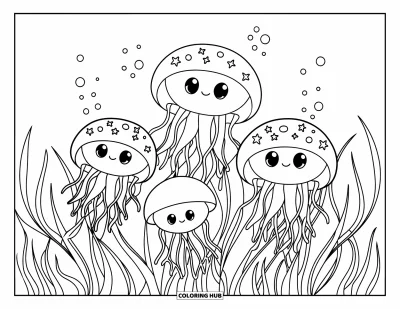 Coloriage d'océan pour enfants : Quatre méduses flottent au-dessus d'herbiers marins, leurs corps ronds parsemés de petites étoiles