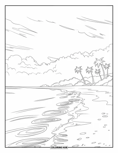 Coloriage d'océan pour enfants : De petites ondulations touchent la plage sous des nuages et des palmiers qui se balancent doucement