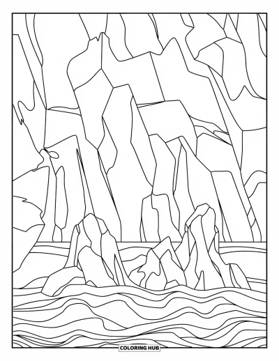Coloriage d'océan pour enfants : Des rochers déchiquetés reposent en bas tandis que de douces lignes de courant traversent l'eau tranquille
