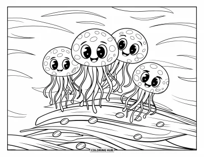 Coloriage d'océan pour enfants : Des méduses aux grands yeux dérivent paisiblement au-dessus d'herbiers et de vagues douces