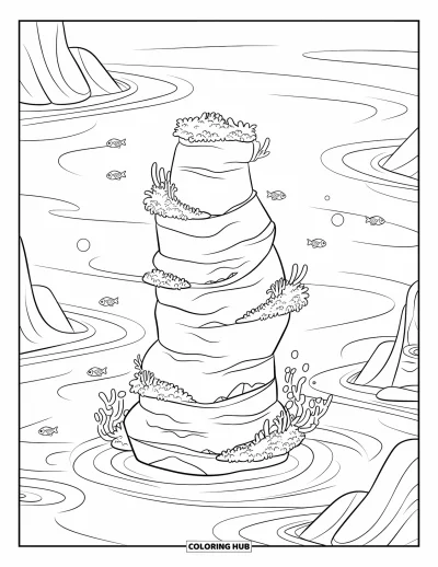 Coloriage d'océan pour enfants : Des roches en couches avec des algues reposent sous l'eau pendant que de petits poissons passent doucement