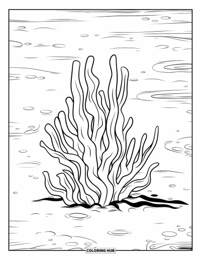 Coloriage d'océan pour enfants : De longues bandes d'algues se balancent au-dessus d'un sol sableux aux creux légers