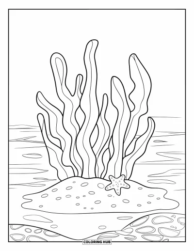 Coloriage d'océan pour enfants : Des algues ludiques montent d'un sol sableux près d'une étoile de mer et de vagues joyeuses