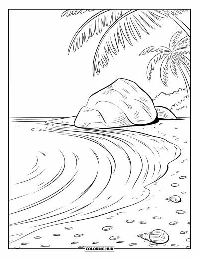 Coloriage d'océan pour enfants : Les ondulations atteignent la plage avec des coquillages et un gros rocher près des palmiers