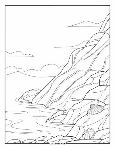 Coloriage d'océan pour enfants : Des rochers mènent vers une eau tranquille avec des coquillages à proximité et de légers nuages dans le ciel