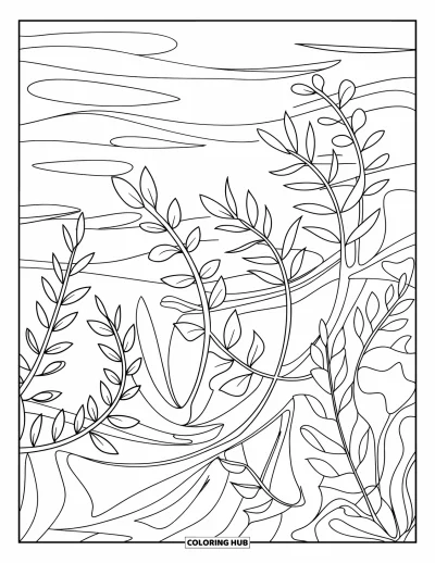 Coloriage d'océan pour enfants : Des plantes marines se tordent et se balancent ensemble, au rythme doux de la mer