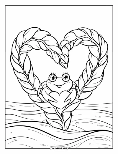 Coloriage d'océan pour enfants : Des algues en forme de cœur enlacent un crabe qui tient un cœur