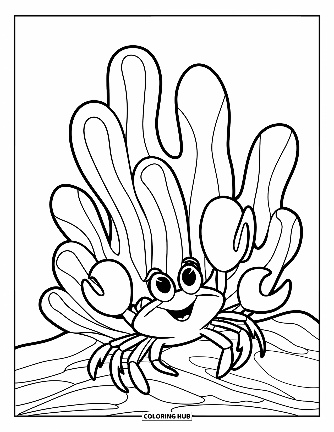 Desen de colorat cu ocean pentru copii: Algele marine se leagănă în timp ce un crab mic se uită cu un zâmbet fericit