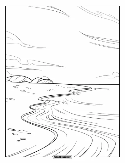 Coloriage d'océan pour enfants : De petites ondulations atteignent une plage tranquille avec des rochers et quelques nuages épars