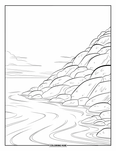 Coloriage d'océan pour enfants : Des rochers lisses rejoignent une eau paisible pendant que des lignes d'ondulation se forment sous des nuages