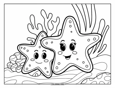 Coloriage d'océan pour enfants : Deux étoiles de mer joyeuses aux bras pointillés reposent près d'algues et de corail
