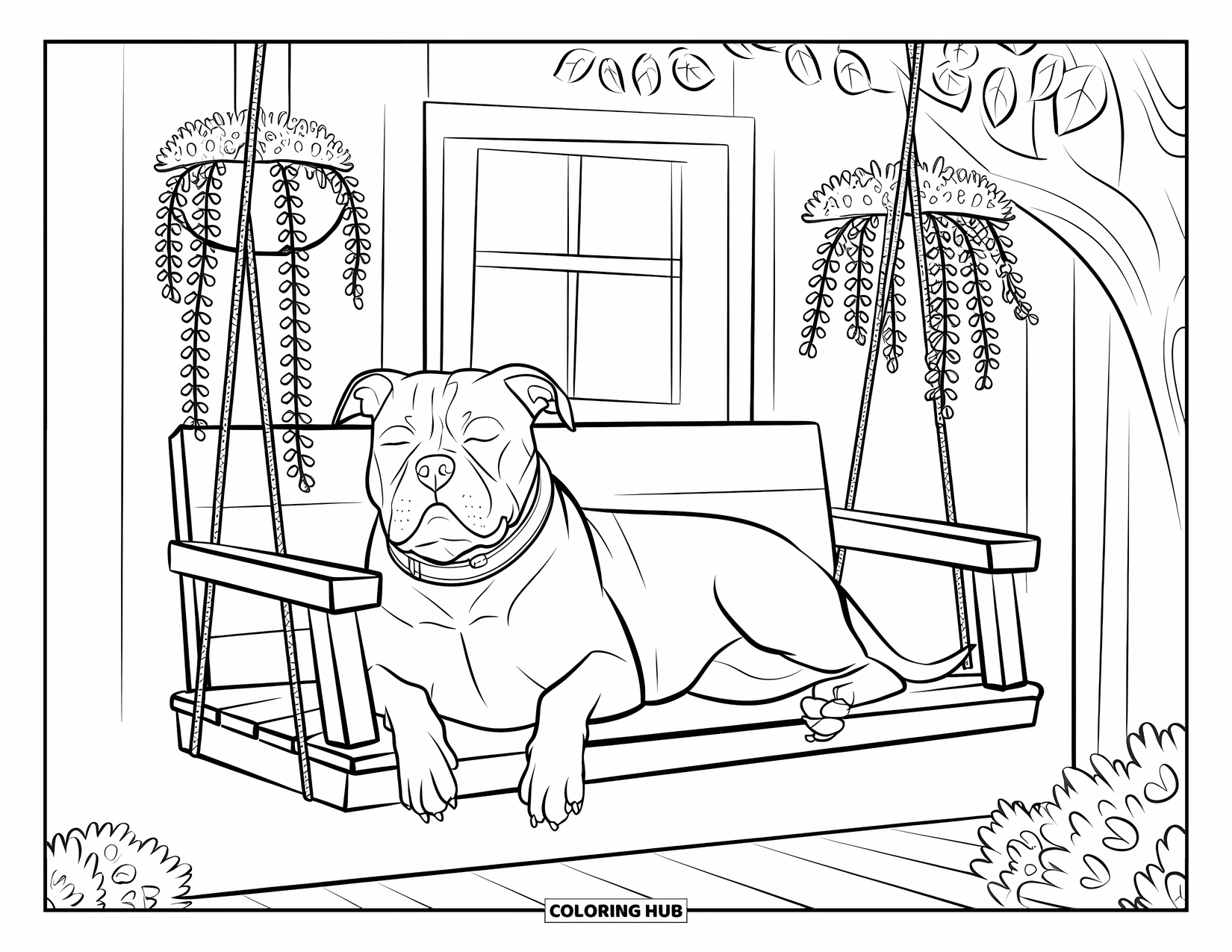 Dibujo para colorear de Pitbull para adultos: Un pitbull con collar descansa en un columpio cerca de una pared con una puerta y plantas florecientes