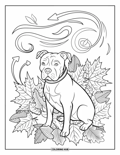 Coloriage de pitbull pour adultes : Un pitbull avec un collier est assis dans des vents tourbillonnants et des feuilles mortes croustillantes