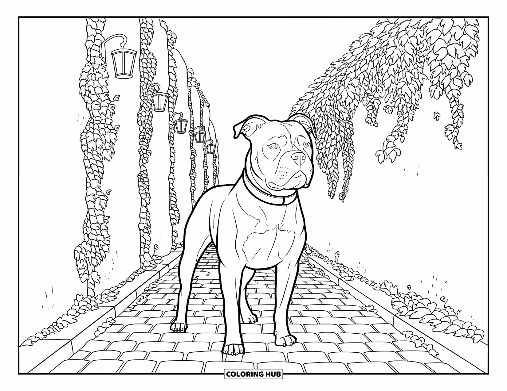 Dibujo para colorear de Pitbull para adultos: Un pitbull con collar está de pie entre paredes cubiertas de hiedra en un tranquilo callejón de adoquines
