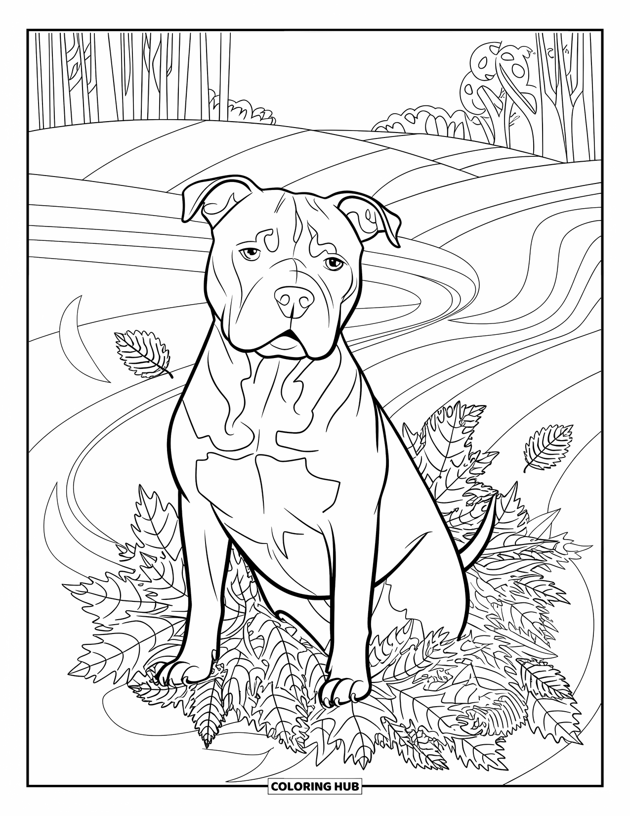 Dibujo de Pitbull para adultos: Pitbull entre hojas que caen en un tranquilo entorno otoñal